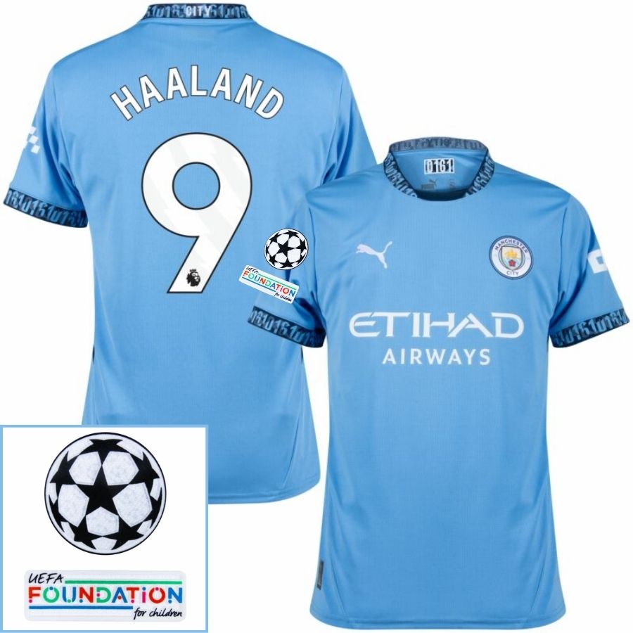 Manchester City De Haaland 9 Home 2024/25 Patches UCL UEFA Foundation (Official Printing) - FutStore