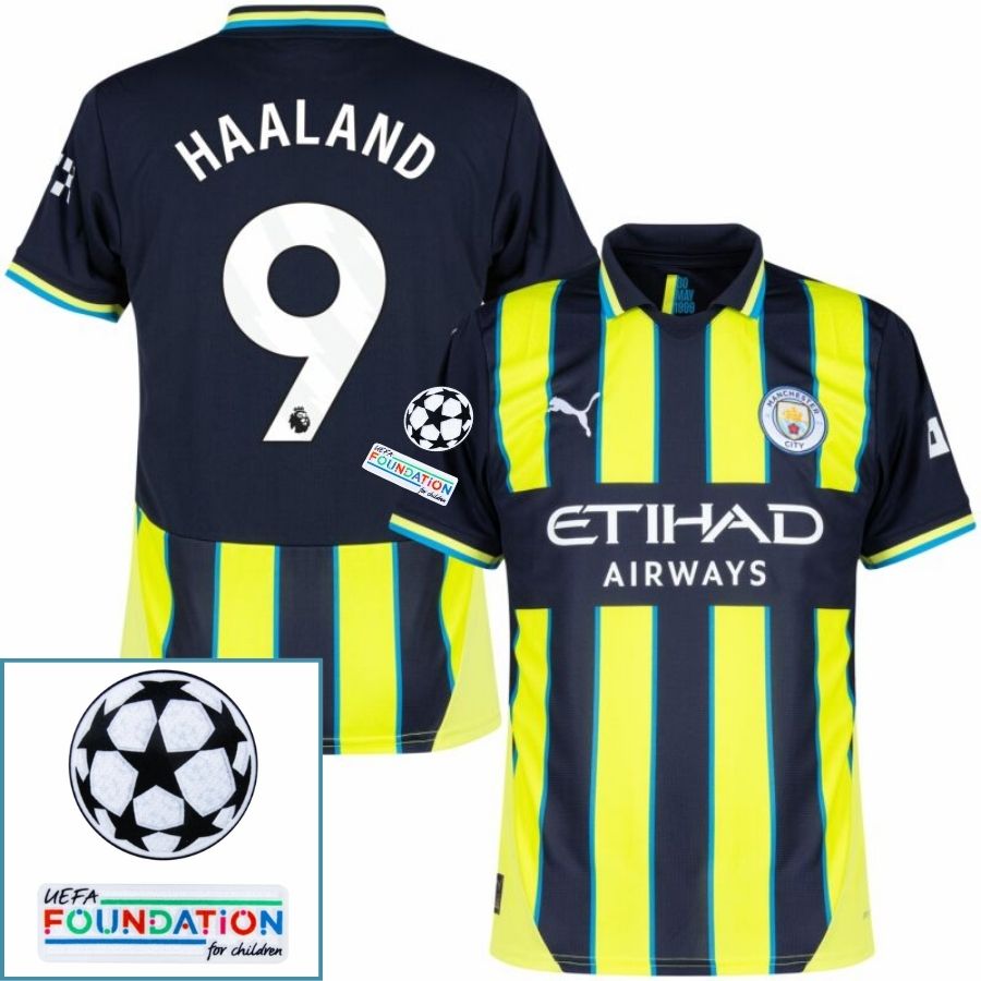 Manchester City Haaland 9 Away 2024/25 Patches UCL UEFA Foundation (Official Printing) - FutStore