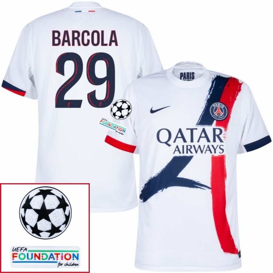 Paris Saint - Germain Barcola 29 Fan Jersey Away 2024/25 Patches UCL UEFA Foundation (Official Printing) - FutStore