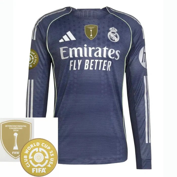 Real Madrid Away Long Sleeve Fan Jersey 2025/26 - Patch 2025 Club World Cup + FIFA Intercontinental Champions - FutStore