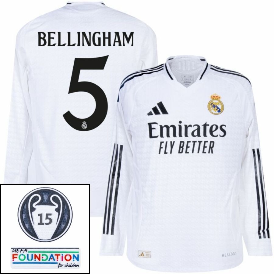 Real Madrid Bellingham 5 Home Fan Jersey Long Sleeve 2024/25 Patches UCL UEFA Foundation (Official Printing) - FutStore