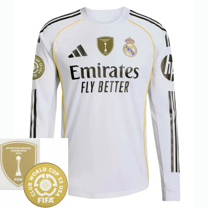 Real Madrid Home Long Sleeve Fan Jersey 2025/26 - Patch 2025 Club World Cup + FIFA Intercontinental Champions - FutStore