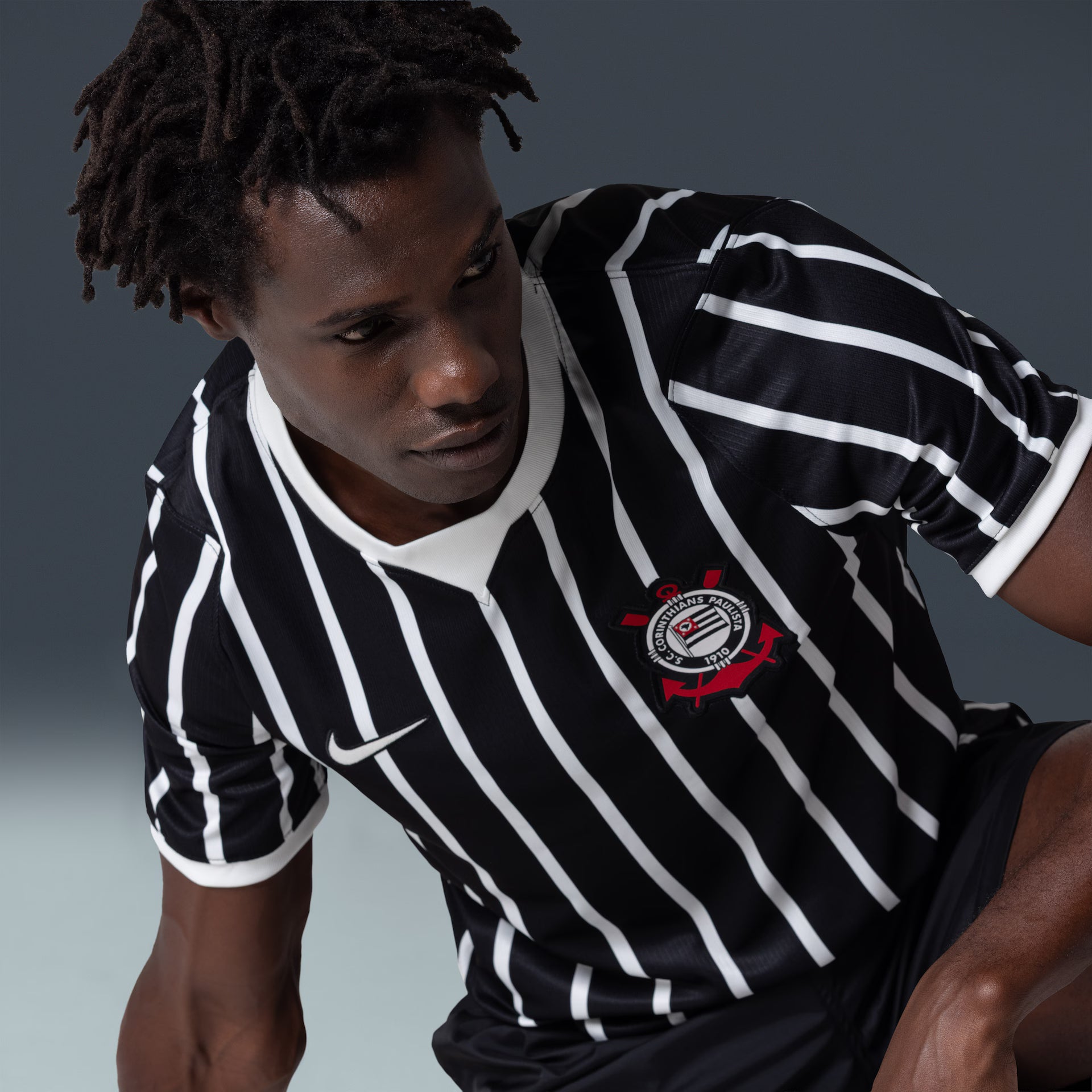Corinthians away soccer jersey 2026/27 fan version in black with white stripes