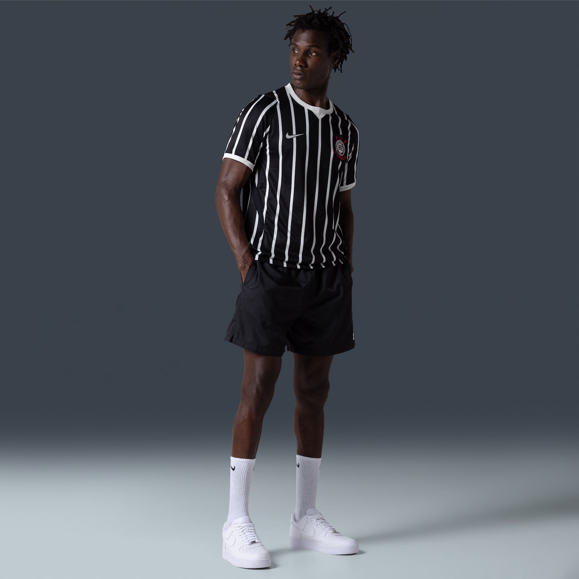 Corinthians away soccer jersey 2026/27 fan version in black with white stripes - view 3