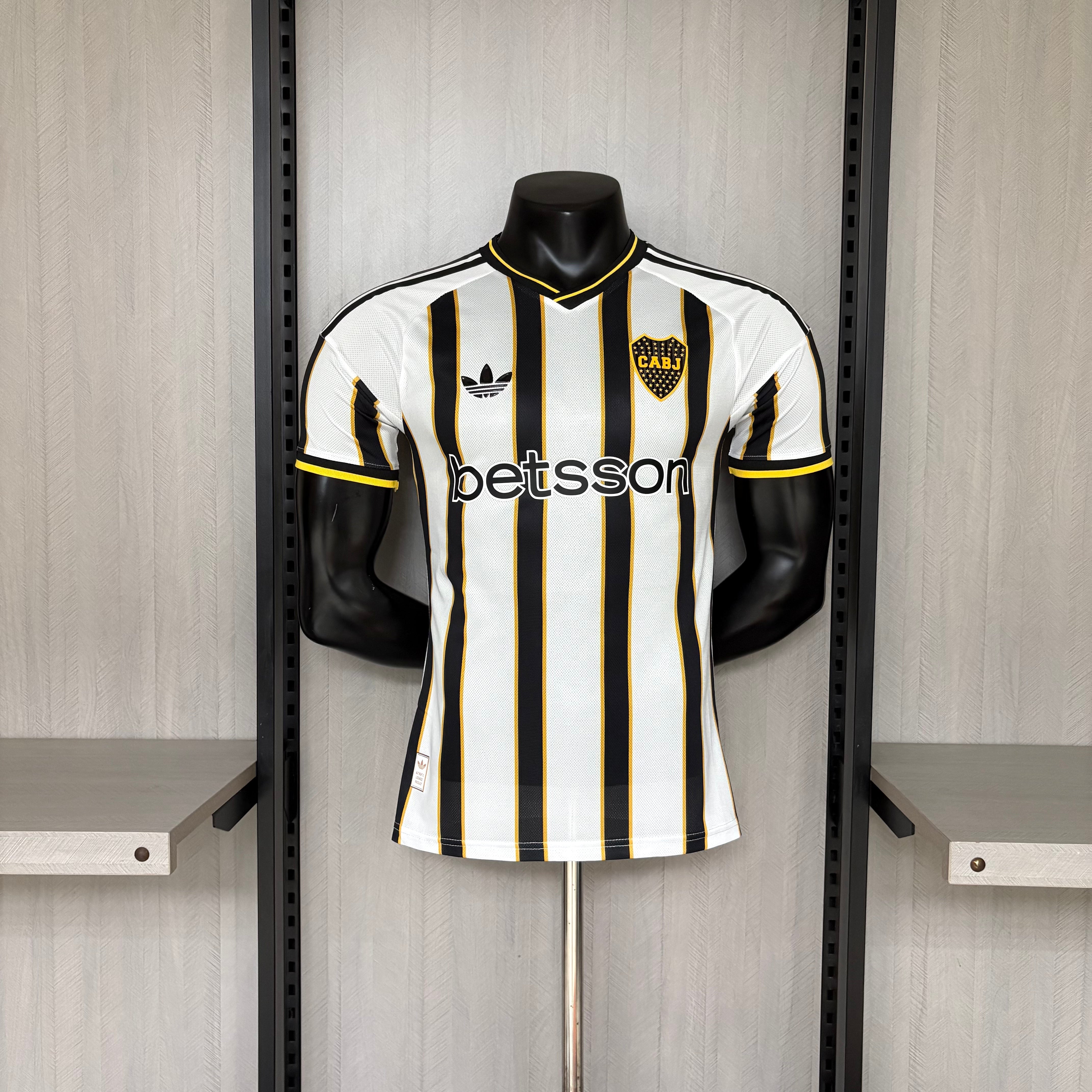 Boca Juniors player version soccer jersey 2026/27 in black and white stripes with gold trim - view 3