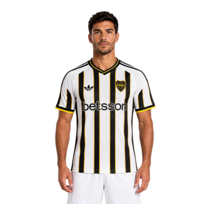 Boca Juniors player version soccer jersey 2026/27 in black and white stripes with gold trim