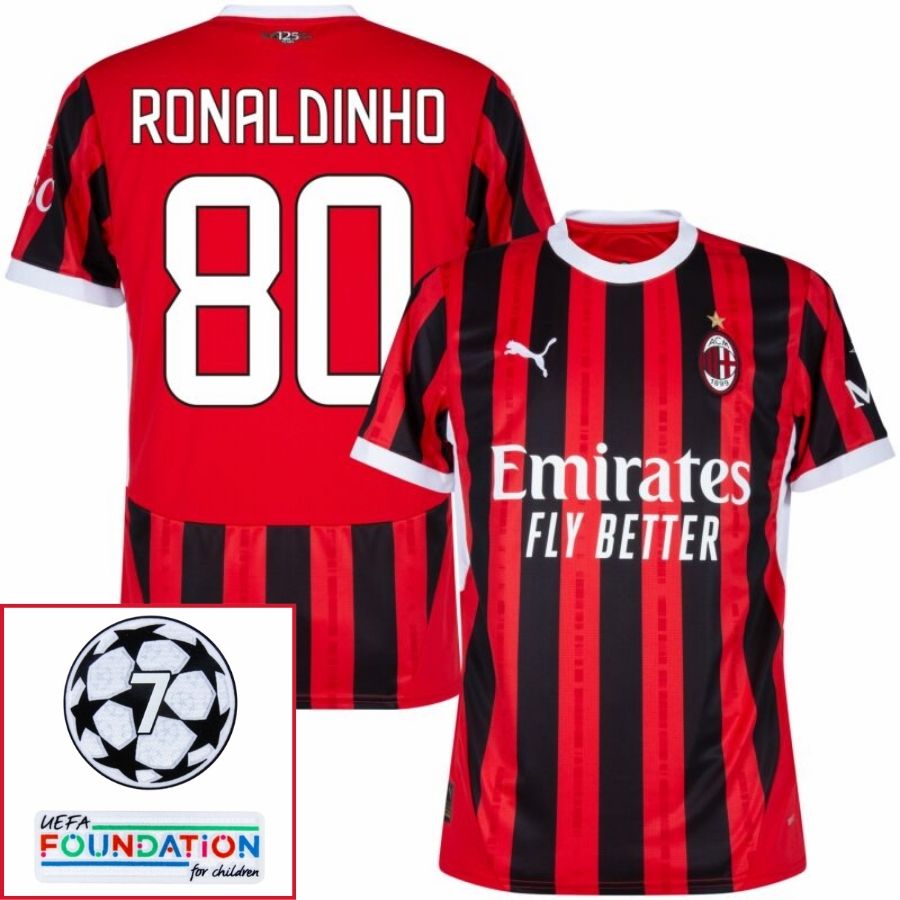 AC Milan Ronaldinho 80 Home Fan Jersey 2024/25 Patches UCL UEFA Foundation (Official Printing) - FutStore