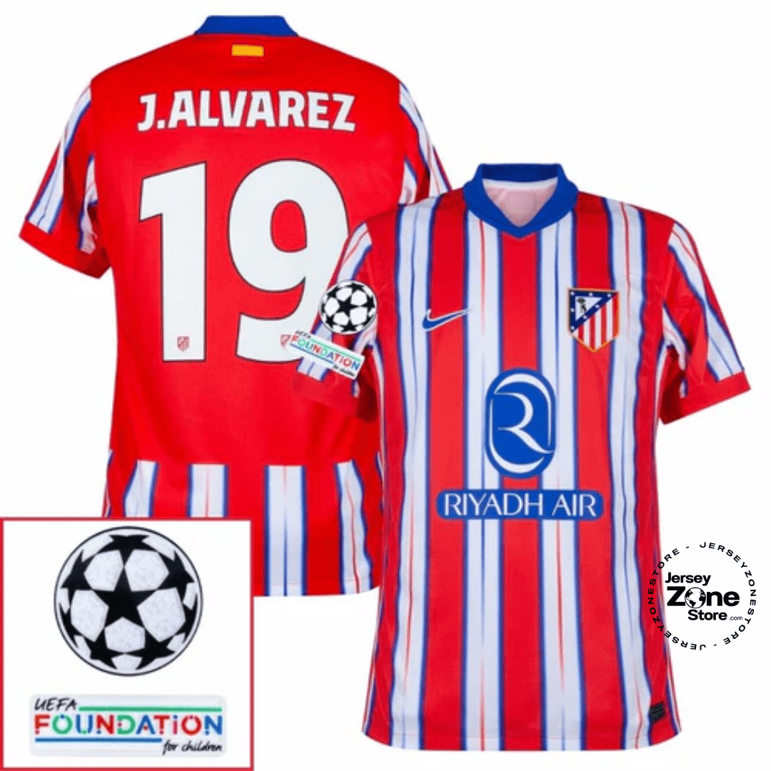 Atlético Madrid Julián Alvarez 19 Home Fan Jersey 2024/25 Patches UCL UEFA Foundation (Official Printing) - FutStore