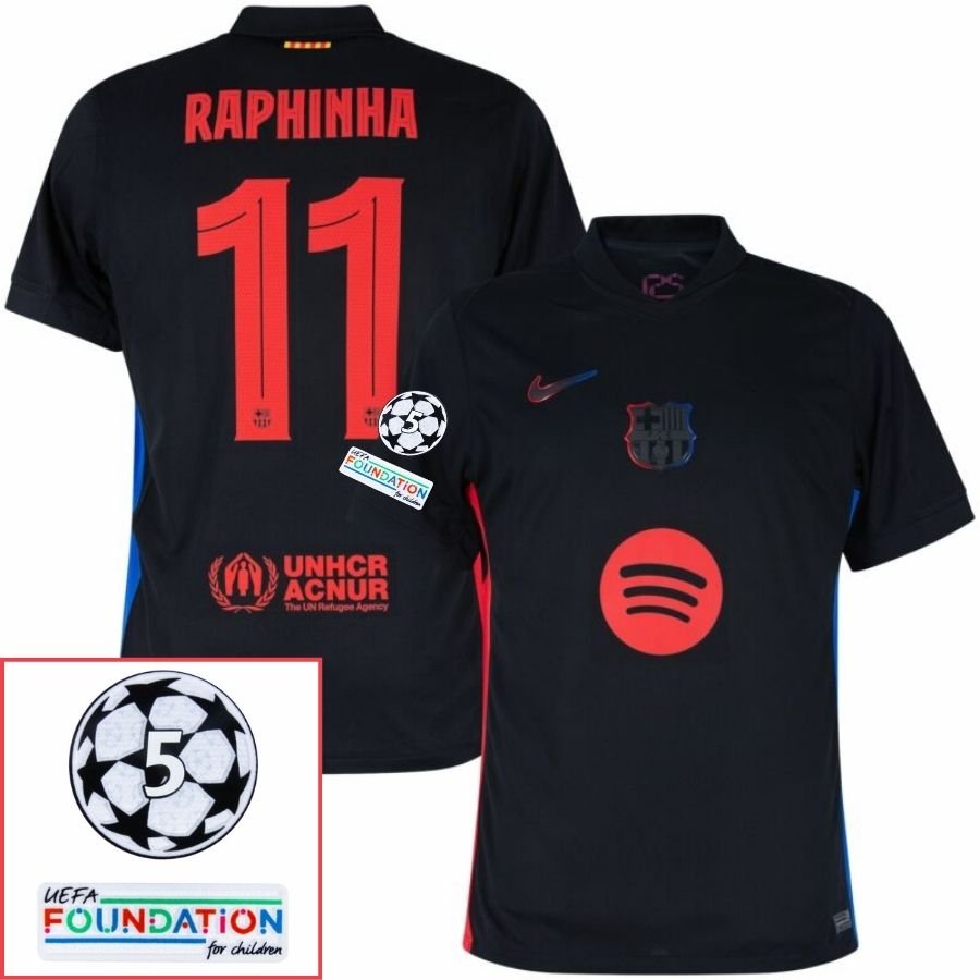 Barcelona Raphinha 11 Away Fan Jersey 2024/25 Patches UCL UEFA Foundation (Official Printing) - FutStore