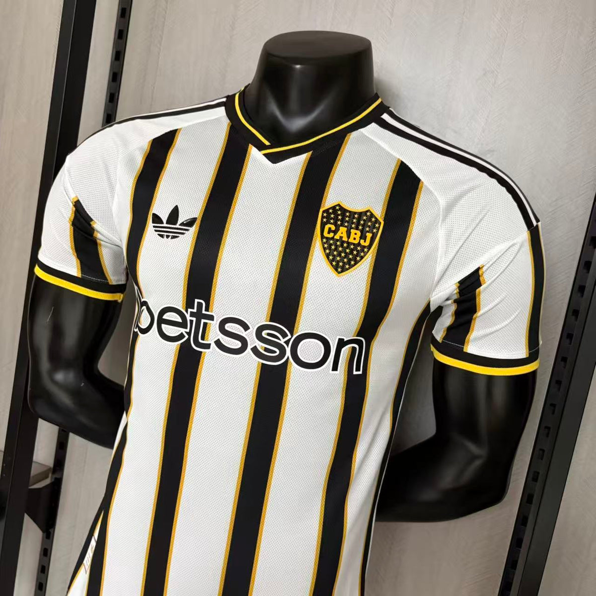 Boca Juniors player version soccer jersey 2026/27 in black and white stripes with gold trim - view 5