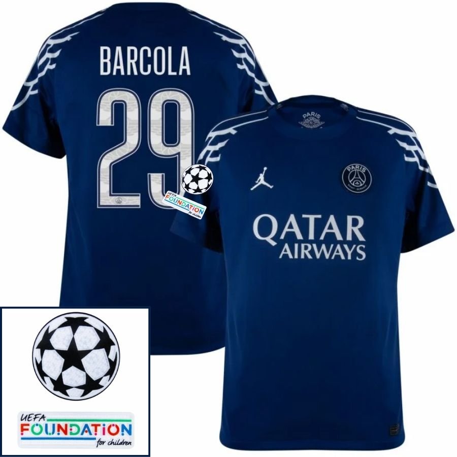 Paris Saint - Germain Barcola 29 Fan Jersey Fourth Jordan 2024/25 Patches UCL UEFA Foundation (Official Printing) - FutStore