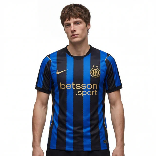 Inter Milan home soccer jersey 2026/27 fan version in black and blue stripes