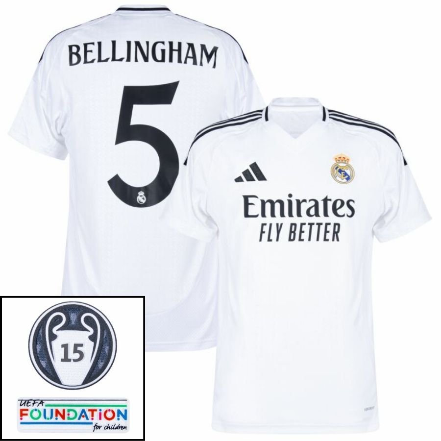 Real Madrid Bellingham 5 Home Fan Jersey 2024/25 Patches UCL UEFA Foundation (Official Printing) - FutStore