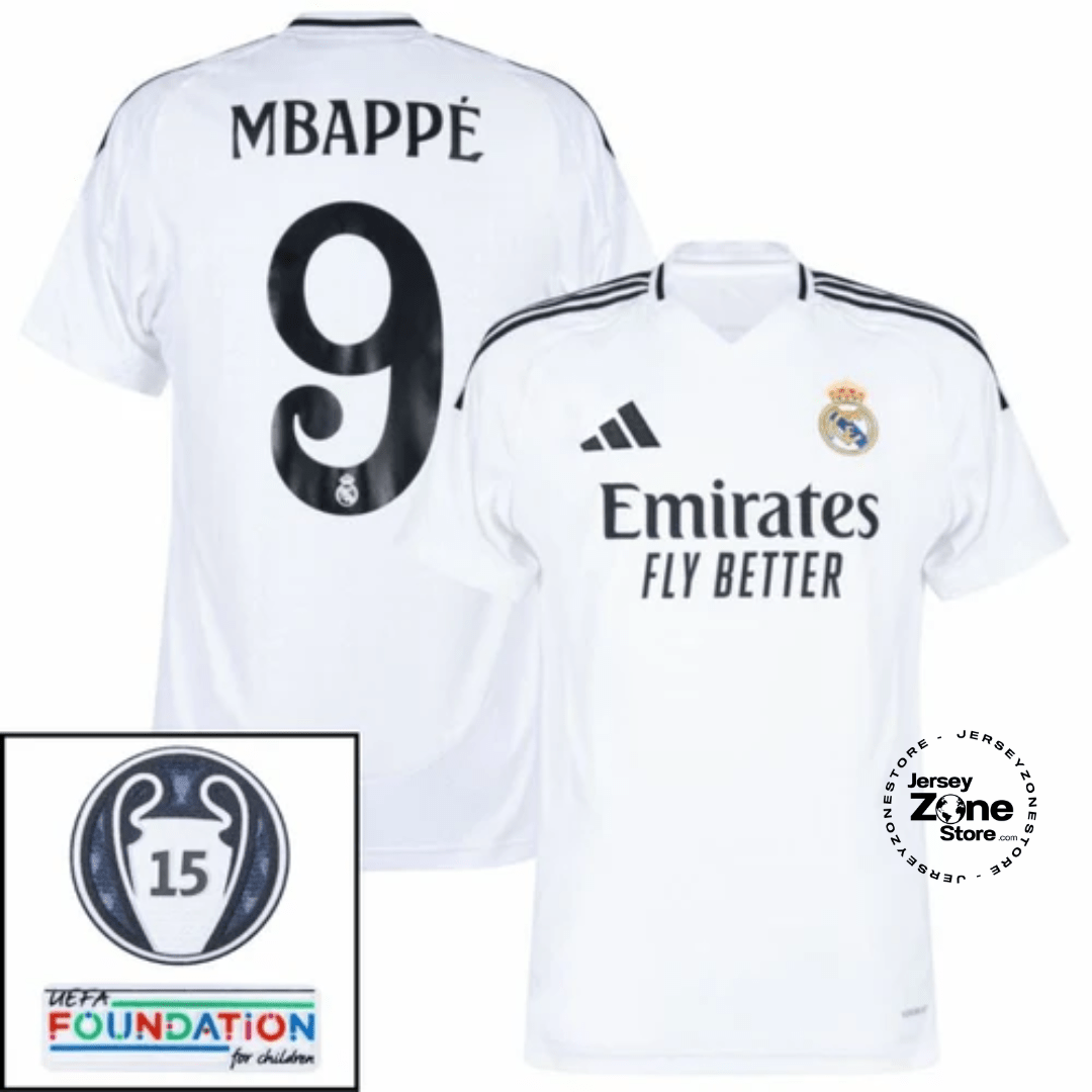 Real Madrid Mbappé 9 Home Fan Jersey 2024/25 Patches UCL UEFA Foundation (Official Printing) - FutStore